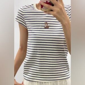 Brandy Melville Navy and White Striped Tee with Embroidered Deer